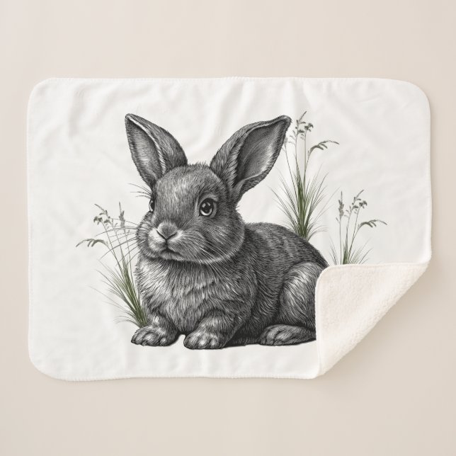 Cobertor Sherpa Cute Gray Rabbit Among the Grass (Frente (Horizontal))