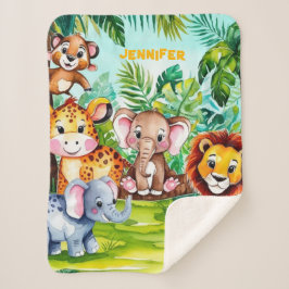 Cobertor Sherpa Cute Kids Safari Selva Animal Personalizado Nome