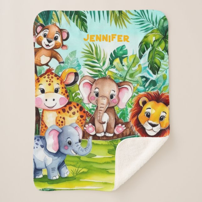 Cobertor Sherpa Cute Kids Safari Selva Animal Personalizado Nome (Frente)