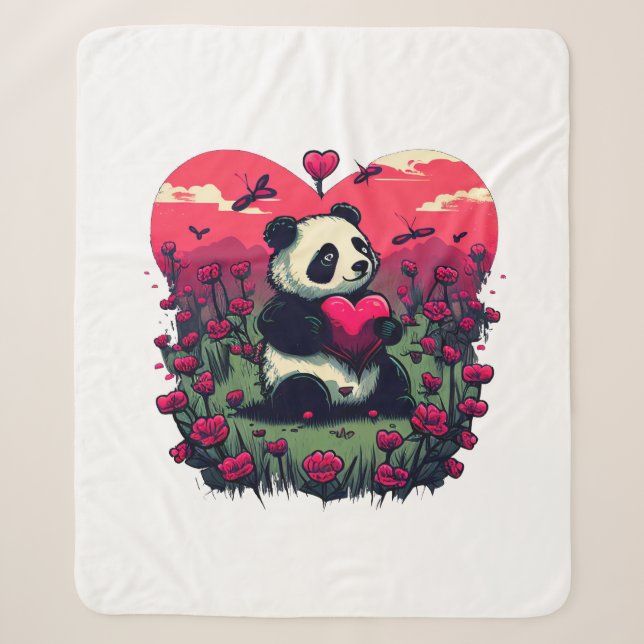 Cobertor Sherpa Cute Panda Segurando Coração - Presente de Dia de  (Frente)