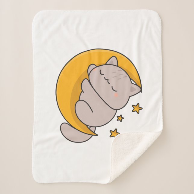 Cobertor Sherpa Cute Sleeping Cat on Crescent Moon (Frente)