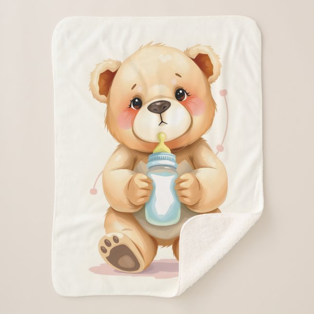 Cobertor Sherpa Cute Watercolor Baby Teddy Bear Illustration  (Frente)