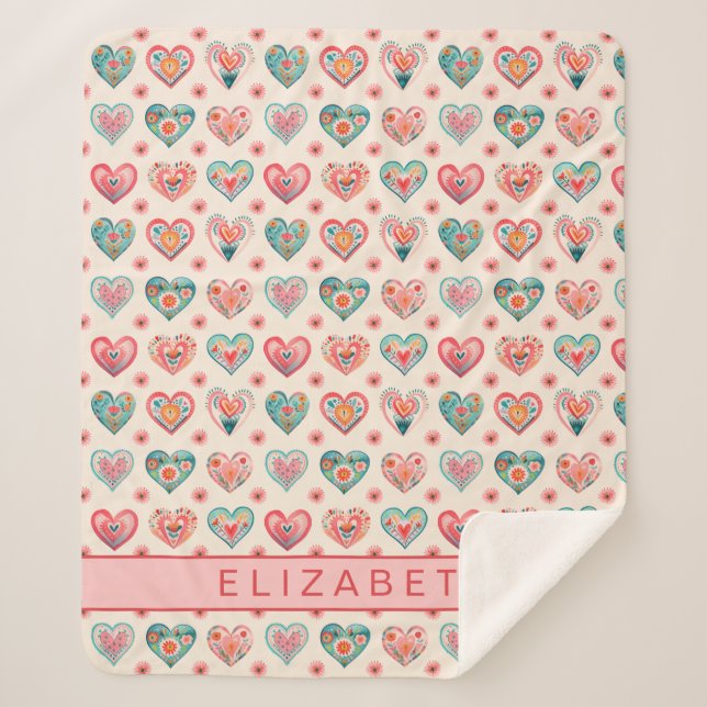 Cobertor Sherpa Cute Watercolor Valentine Heart Pattern (Frente)