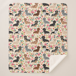Cobertor Sherpa dachshund floral cão creme vintage floral