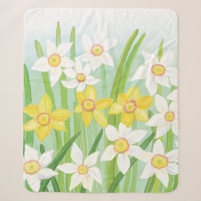 Cobertor Sherpa Daffodilos de Primavera branco e amarelo (Frente)