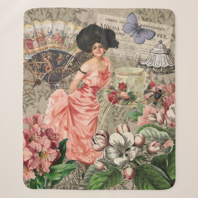 Cobertor Sherpa Dama do Café Mulher Vitoriana Rosa Vestido Rico (Frente)