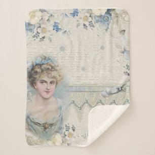 Cobertor Sherpa Dama Vitoriana Vintage Shabby Chic com Flores