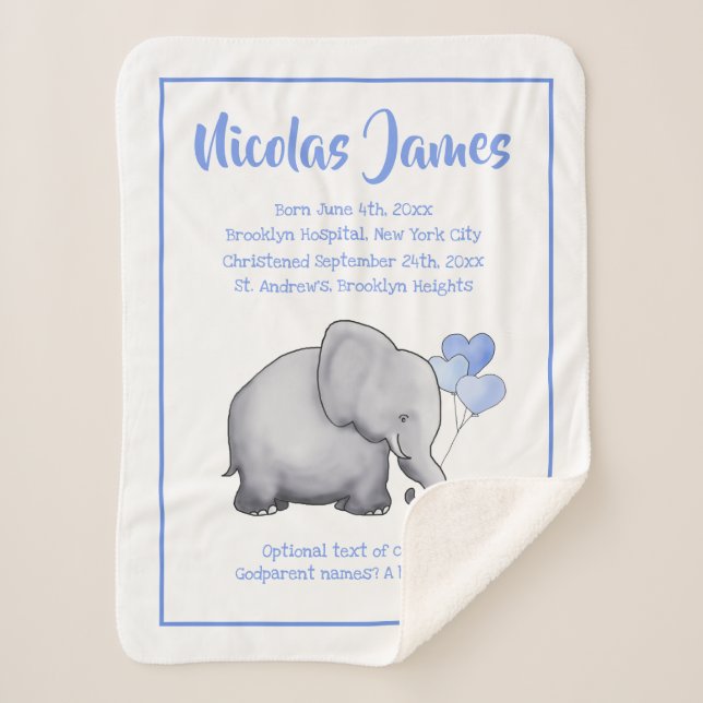 Cobertor Sherpa Data de Natal Personalizada Baby Blue Elephant (Frente)
