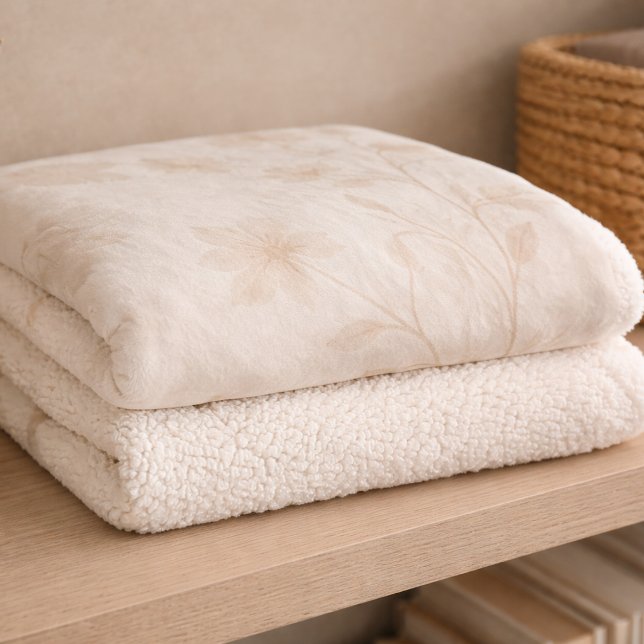Cobertor Sherpa de Flores Bege Macio (Soft beige florals drift across watercolor layers for relaxed neutral living)