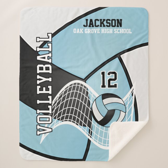 Cobertor Sherpa 🏐 de vôlei em preto, azul-bebê e branco (Frente)