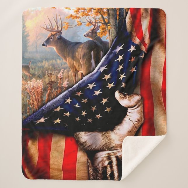 Cobertor Sherpa Deer American Flag Blanket, (Frente)