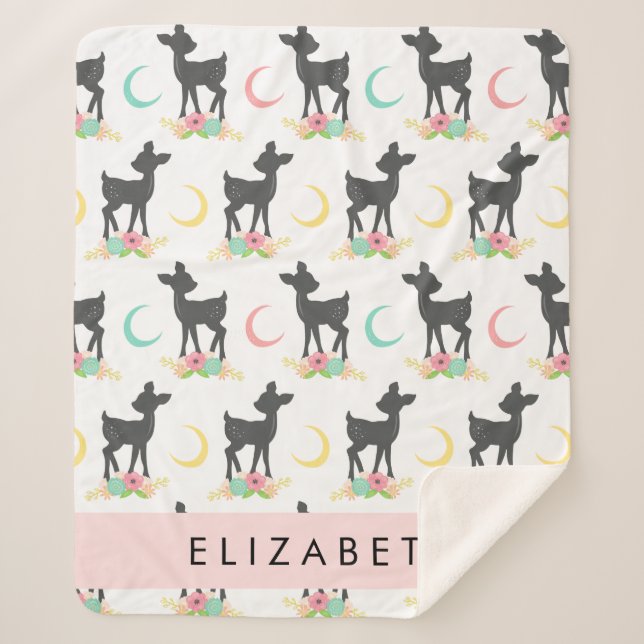 Cobertor Sherpa Deer Pattern, Baby Deer, Boho, Flores, Seu Nome (Frente)