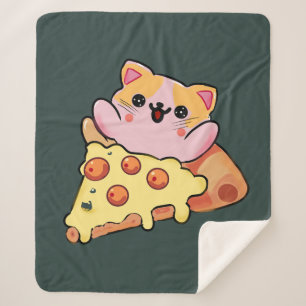 Cobertor Sherpa Desenho animado de gato Kawaii abraçando pizza de
