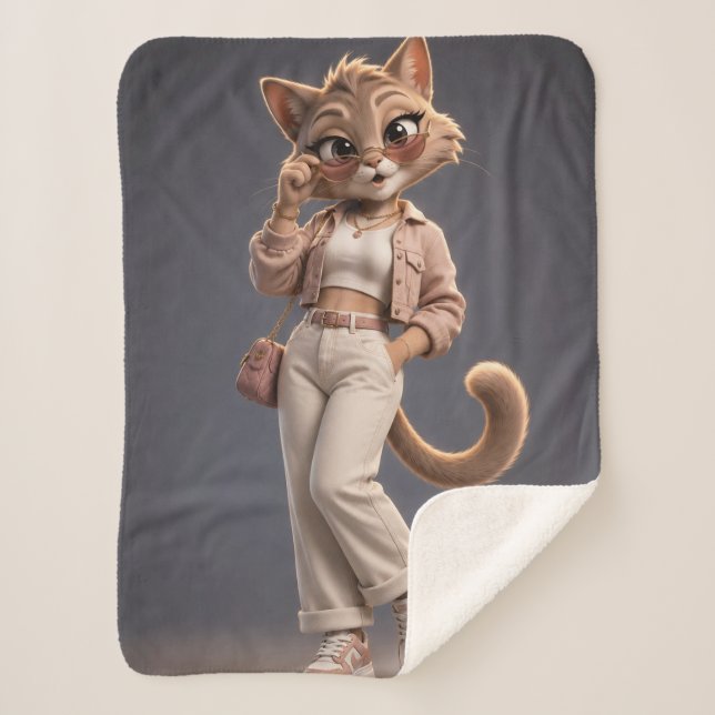 Cobertor Sherpa Design de Personagem de Gato Animado 3D Chic e Ele (Frente)