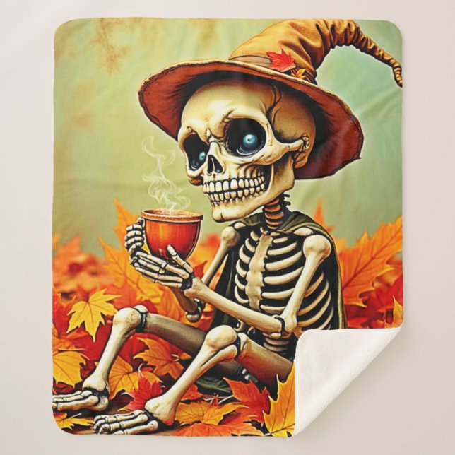 Cobertor Sherpa Design de Quebra de Café do Skeleton de outono ass (Frente)