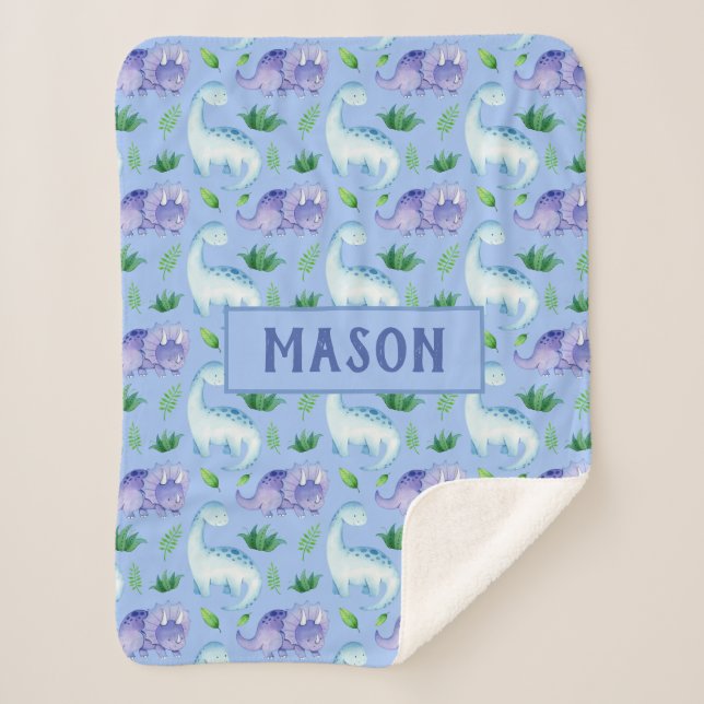 Cobertor Sherpa Dinossauro Aquarela Cute Baby Boy Personalizado (Frente)