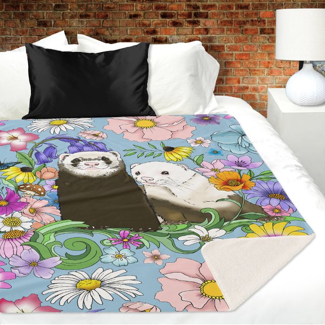 Cobertor Sherpa Doce Par de Furões Florais Azuis Caprichosos  (Criador carregado)