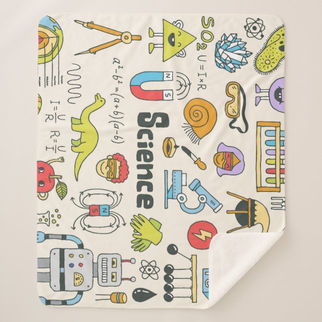 Cobertor Sherpa Dodles Científicos: Conjunto Escolar Desenho À Mão (Frente)