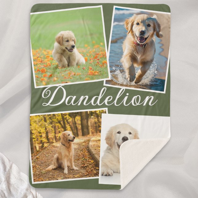 Cobertor Sherpa Dog Photo Pet Collage Olive Green Personalized (An olive green sherpa blanket, with four custom pet photos, and pet's name in script typography)