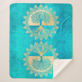 Cobertor Sherpa Dourada árvore da vida em turquesa