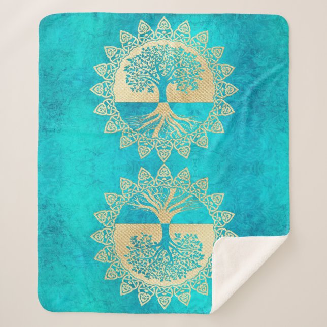 Cobertor Sherpa Dourada árvore da vida em turquesa (Frente)