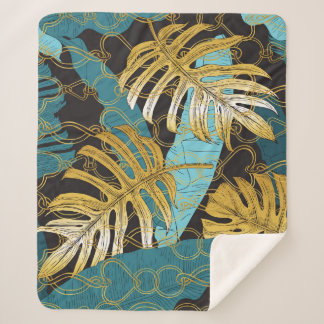 Cobertor Sherpa Dourada cortina, folhas tropicais.