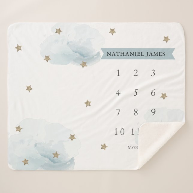 Cobertor Sherpa Douradas estrelas e nuvens Blue Boy Mensalmente (Frente (Horizontal))