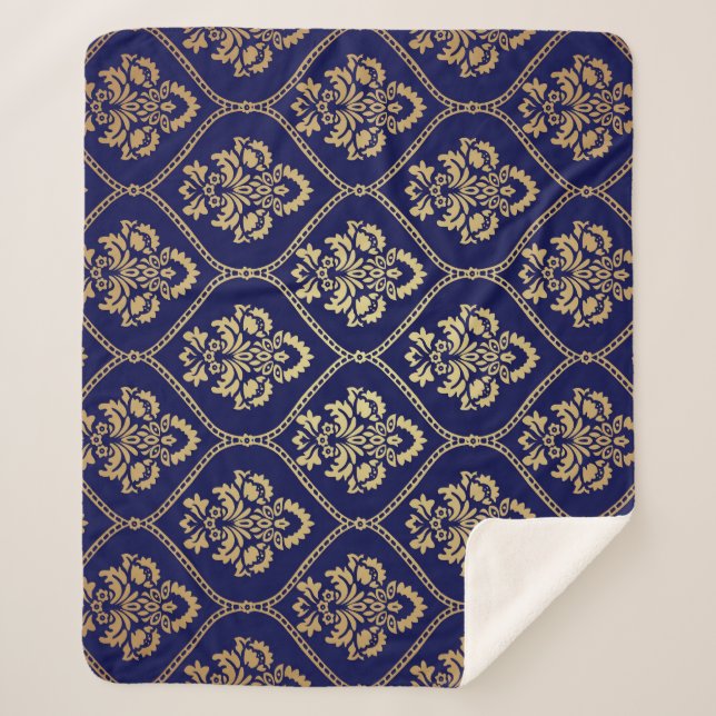 Cobertor Sherpa Dourado e azul: Damasco de luxo (Frente)