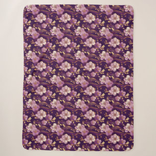 Cobertor Sherpa Dourado e Roxo Floral Asiático