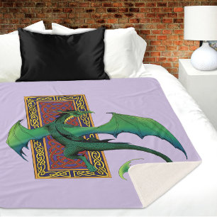 Cobertor Sherpa Dragão Celta Verde Roxo Fantasia Entrelaçada