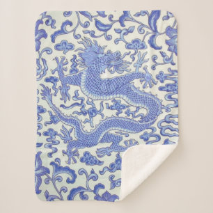 Cobertor Sherpa Dragão oriental chinês azul e branco