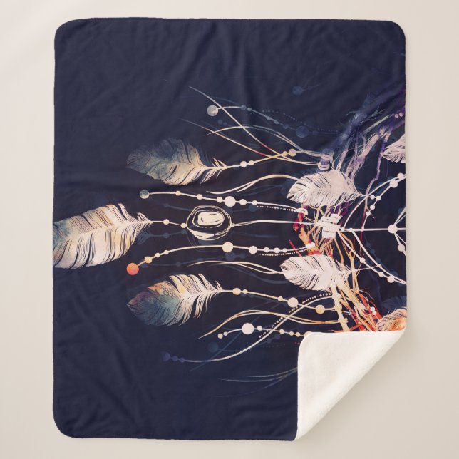 Cobertor Sherpa Dreamcatcher, galhos, estilo boho, arte digital. (Frente)