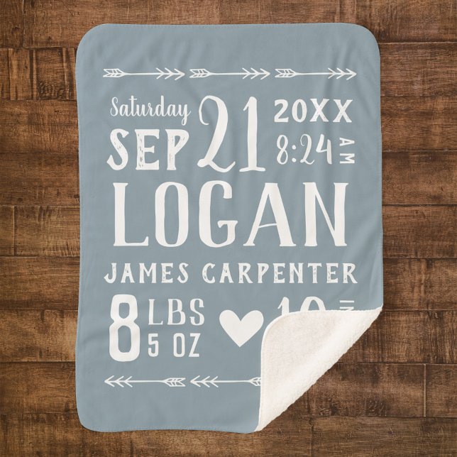 Cobertor Sherpa Dusty Blue Baby Boy Stats Keepsait (Criador carregado)