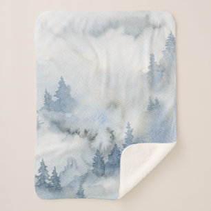 Cobertor Sherpa Dusty Blue Watercolor Misty Abstrato Forest