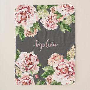 Cobertor Sherpa Dusty Pink Peony Floral Girl Name