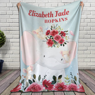 Cobertor Sherpa Elefante com Flores Maroon Burgundy + Nome