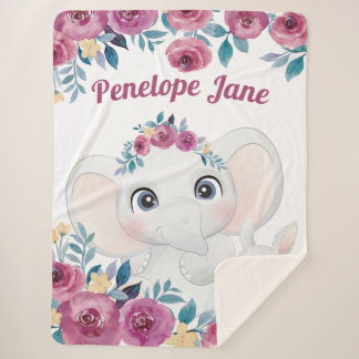 Cobertor Sherpa Elefante e Coelho + Rosas Marrons Nome Personaliza