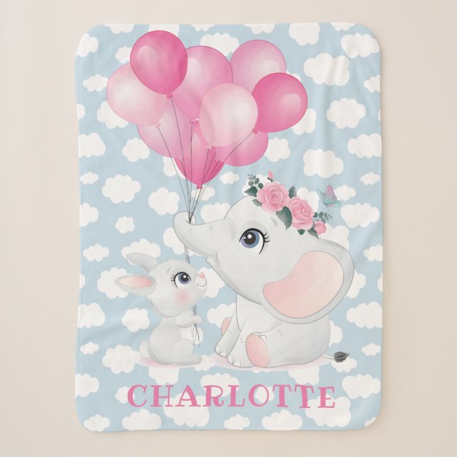 Cobertor Sherpa Elefante Feminino e Coelho com Flores e Balão (Frente)