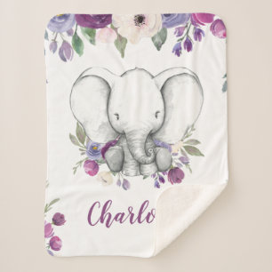 Cobertor Sherpa Elefante Floral Púrpura de Watercolor Personaliza
