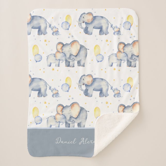 Cobertor Sherpa Elefante para Bebê Bonito com Mamãe de Aquarela (Frente)