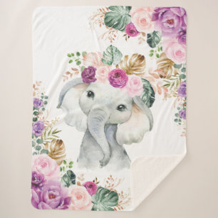 Cobertor Sherpa Elefante Safari Tropical Blush Violet Floral