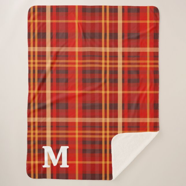 Cobertor Sherpa Elegant Red Black Plaid Monogram Custom  (Frente)