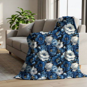 Cobertor Sherpa Elegante Fleece Macio Floral Azul Marfim