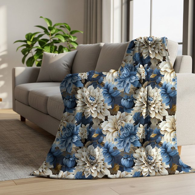 Cobertor Sherpa Elegante Floral Azul Chic Marfim A (Chic Blue Ivory Floral Elegant Cozy Sherpa Blanket)