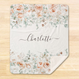 Cobertor Sherpa Elegante Monograma Rosa Floral Verde Russo