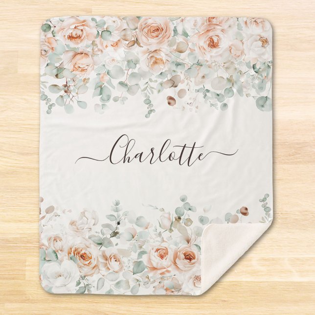 Cobertor Sherpa Elegante Monograma Rosa Floral Verde Russo (In situ)