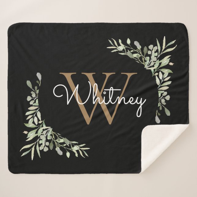 Cobertor Sherpa Elegante Script Dourado Monograma Verde Preto (Frente (Horizontal))