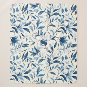 Cobertor Sherpa Elegantes Folhas Paisley Azuis - Fundo Branco