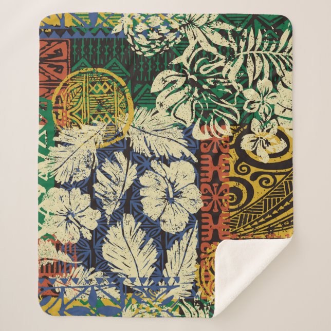 Cobertor Sherpa Elementos tribais havaianos e sistema de tecido de (Frente)