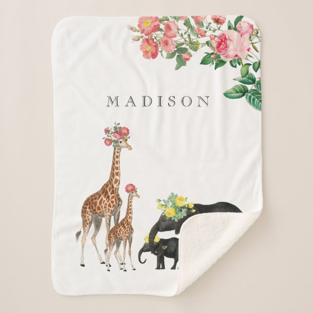 Cobertor Sherpa Elephant & Giraffe Floral Custom Baby Name (Frente)